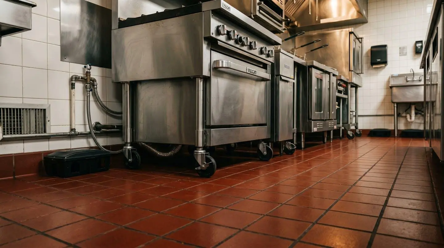 Vue d'une cuisine professionnelle de restaurant avec des postes d'appâtage visibles en plinthe, illustrant le dispositif de surveillance HACCP